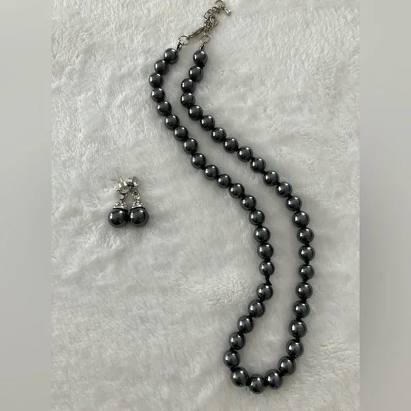 Hematite Round Beaded Necklace with Matching Drop Beaded Earrings Set - Picture 3 of 17